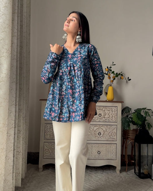 Blue Small Booti V Neck Peplum Top Pure Cotton