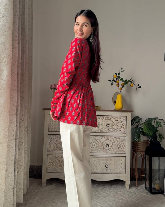 Red Full Sleeve V Neck Pure Cotton Top