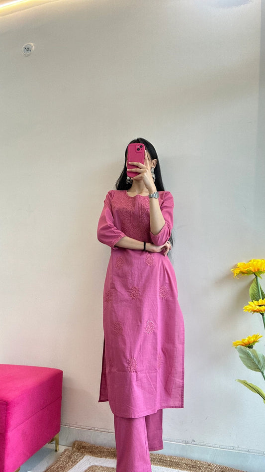 Rose Pink Chikankari Embroidered Kurta Set