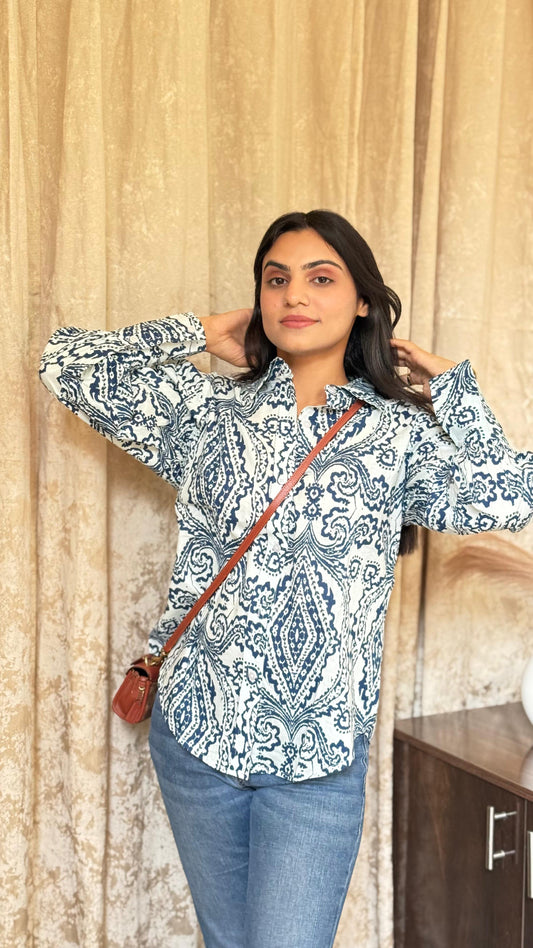 Printed Blue & White Cotton Shirt