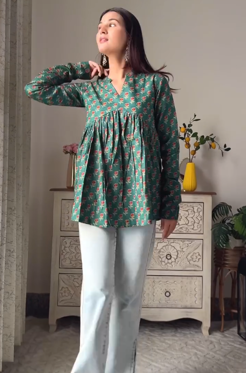 Green Full Sleeves Cotton Top