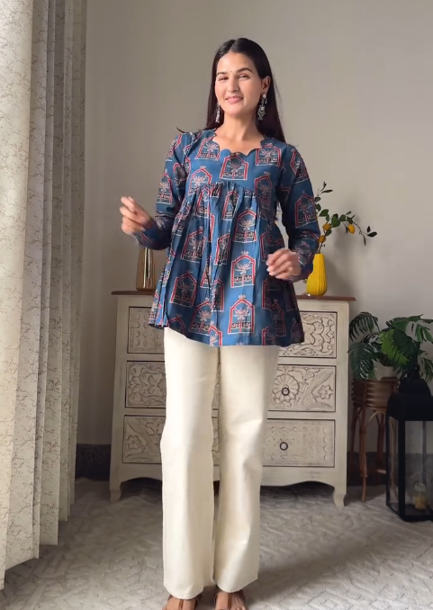 Blue Scalloped Neck Full Sleeve Top Pure Cotton