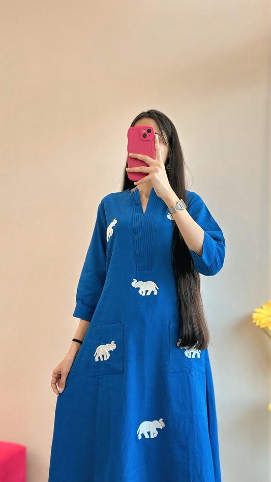 Royal Blue Elephant Embroidered Kurta Set