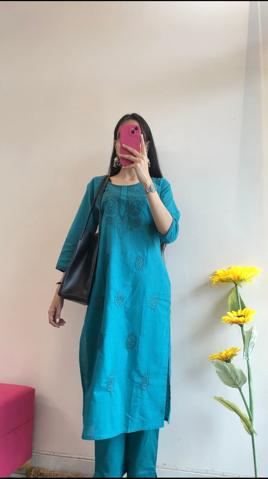 Teal Blue Chikankari Embroidered Kurta Set