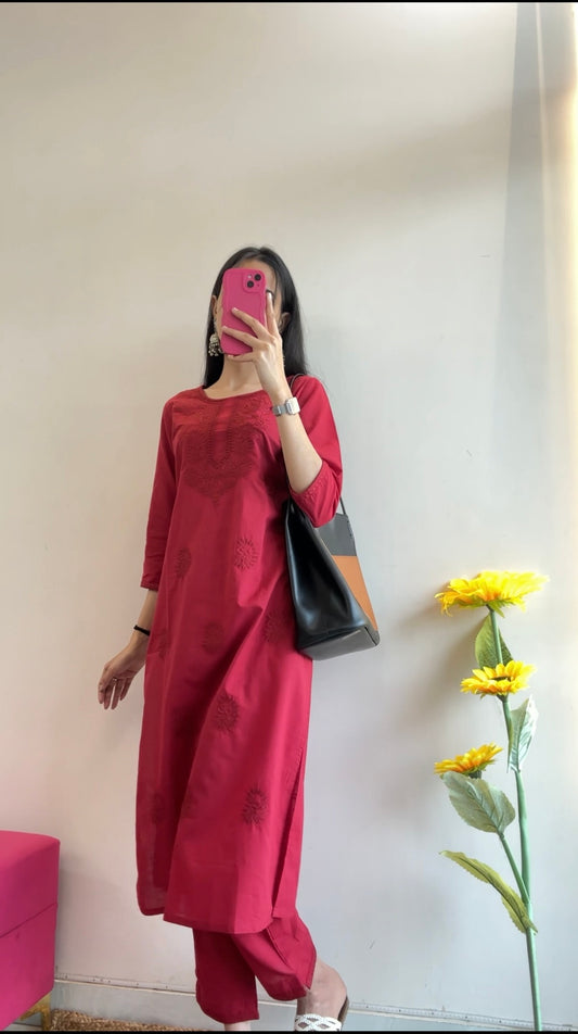Wine Red Chikankari Embroidered Kurta Set