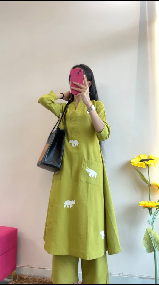 Olive Green Elephant Embroidered Kurta Set