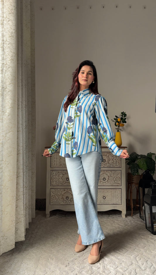 Blue Sky Flower Print Cotton Shirt
