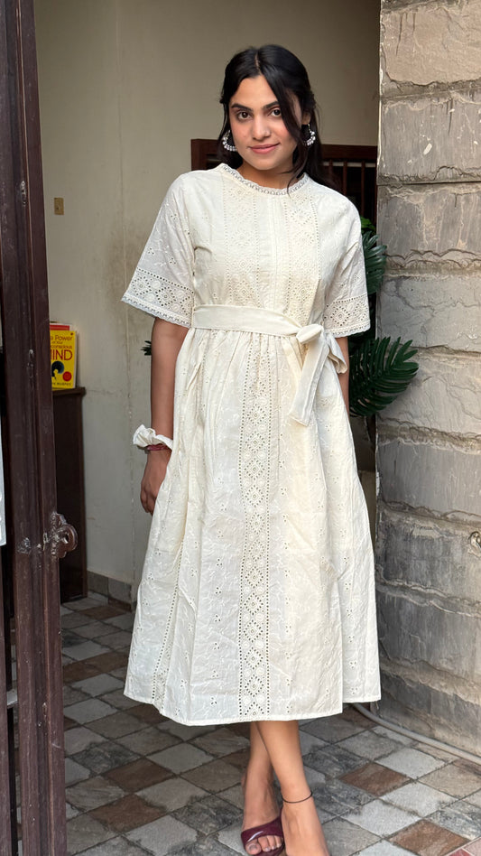 White Schiffli Cotton Dress with Belt