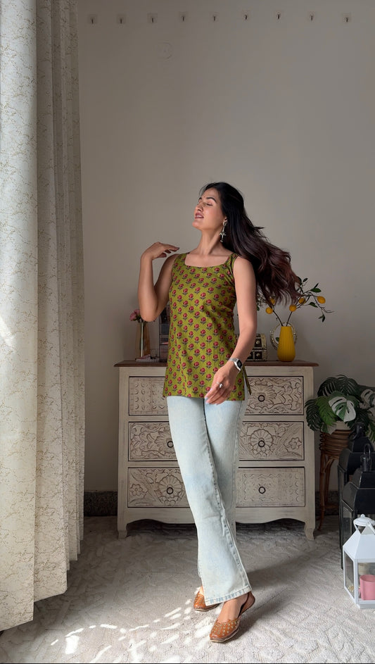 Anvi Olive Green Top with Back Belt