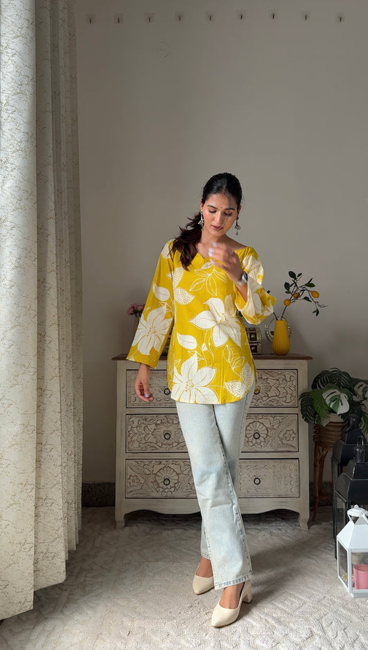 Arna Yellow Pure Cotton Short Kurta Top