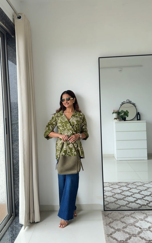 Green Printed Power Shirt-Pure Cotton