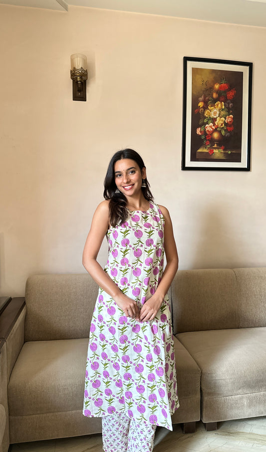 White & Purple A-Line Ethnic Coord Set -Pure Cotton