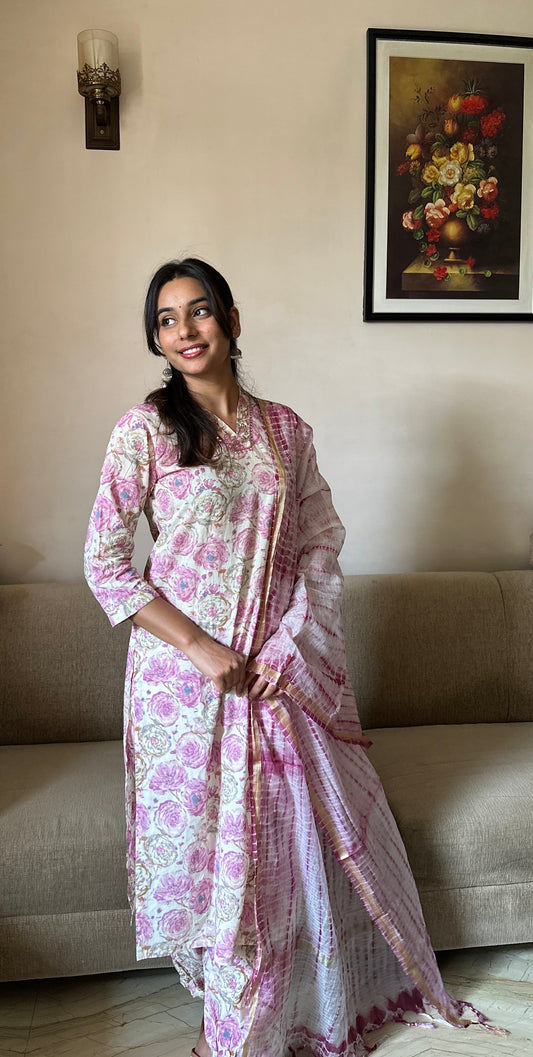 Mishka (मिष्का) - Pink & white Straight Suit Set with lace - Pure Cotton
