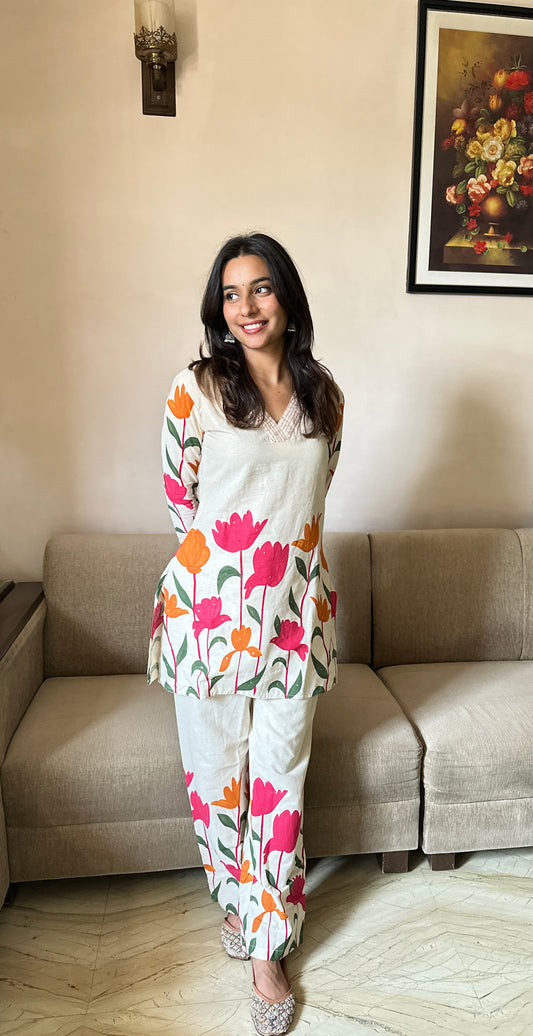 White Colour Floral Coord Set -Pure Cotton