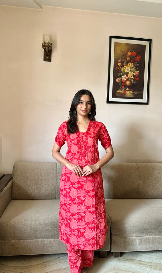 Red Floral Coord Set -Pure Cotton