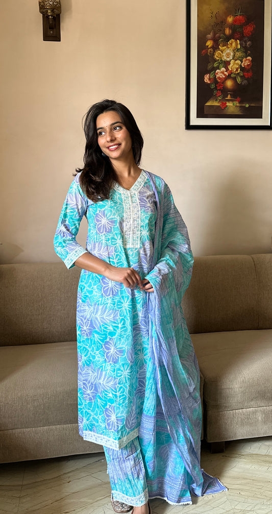 Rashmi (रश्मि) - Blue Floral Straight Suit Set - Pure Cotton