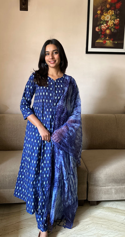 Taru (तरु) - Navy Blue Anarkali Suit Set- Pure Cotton