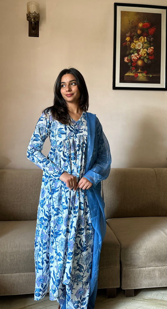Kumud (कुमुद) Anarkali Blue & White Suit Set - Pure Cotton
