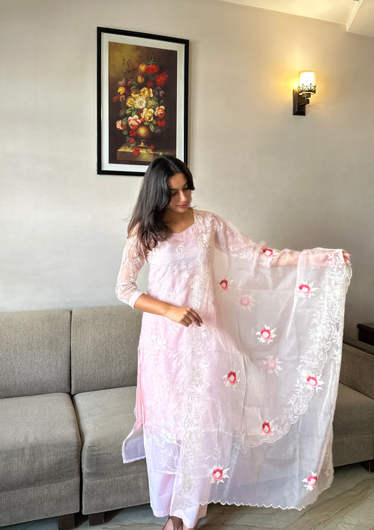 Floral Embroidery Organza Dupatta Set