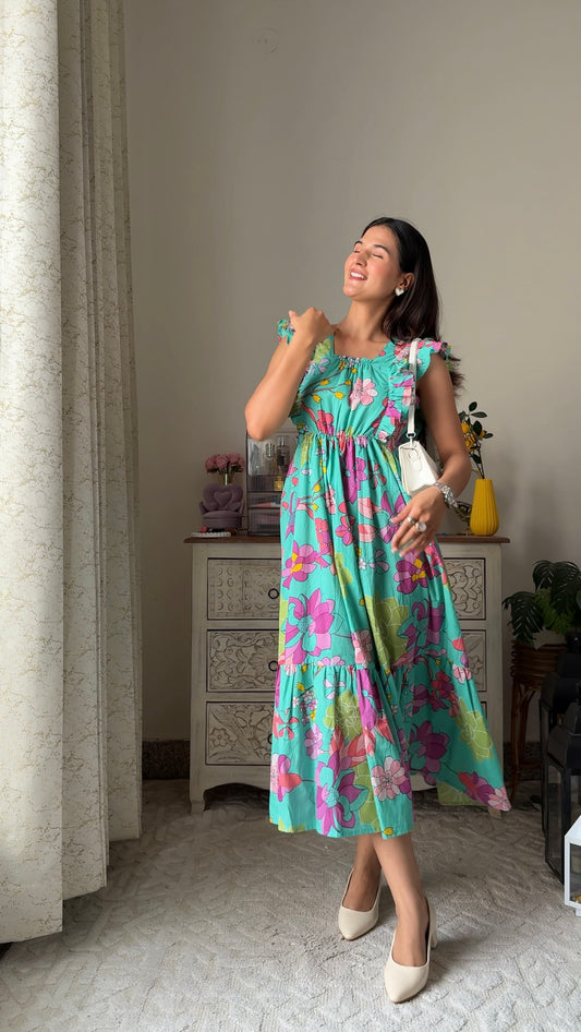 Sea Green-Floral Cotton Dress