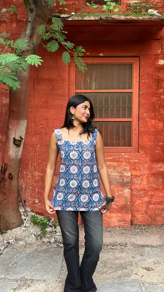 Camille Square Neck Bagru Blue Floral Top