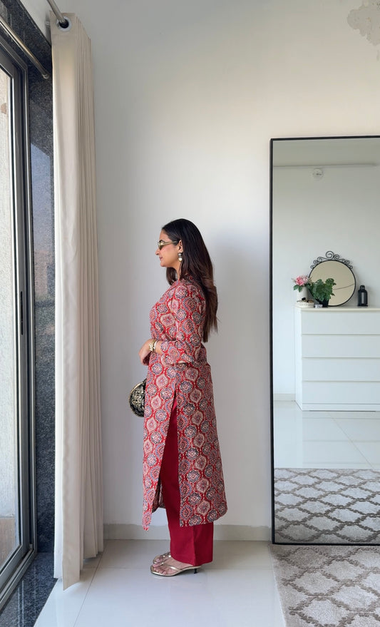 Rust Traditional Print Kurta Set