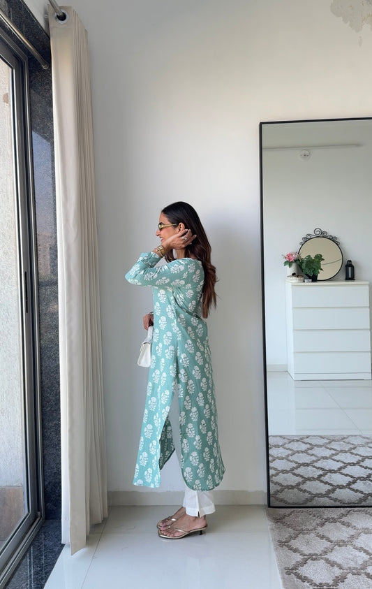 Mint Green Floral Straight Kurta Set