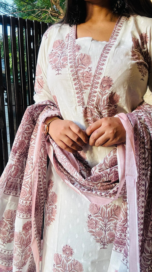 White & Pink Mughal Boota Straight Style Suit Set