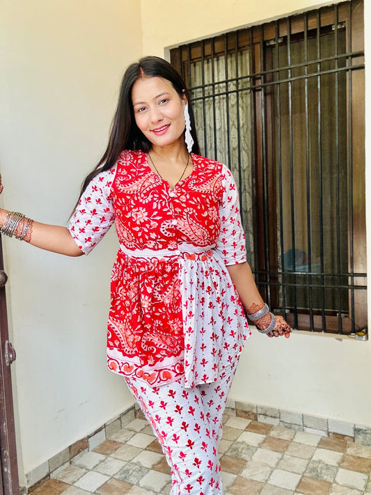 Red & White Angrakha Peplum Style Co-ord Set