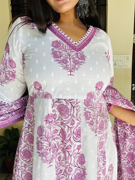 Purple & White Mughal Print Pure Cotton Suit Set