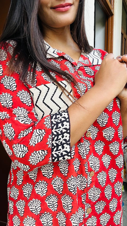 Red & Beige Handblock Printed Pure Cotton Co-ord Set