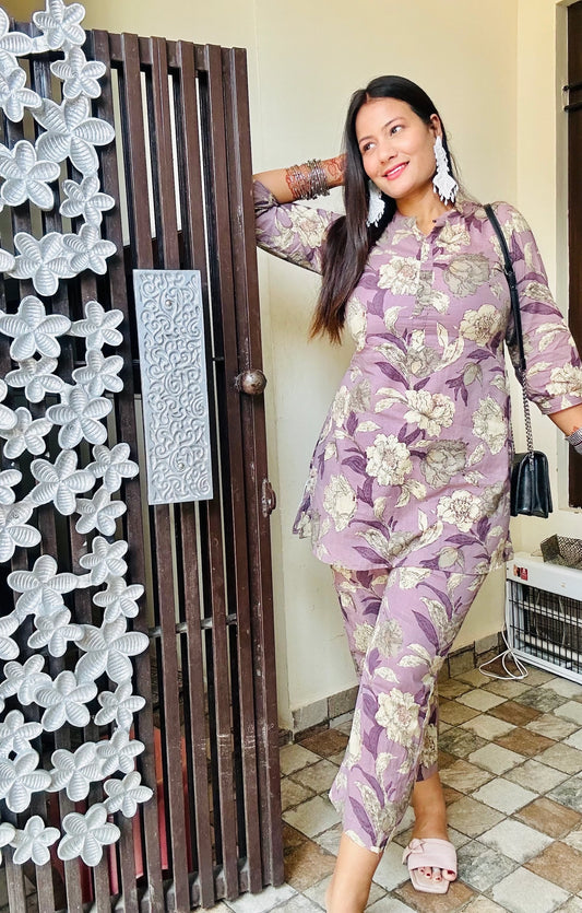 Purple Floral Pure Cotton Co-ord Set