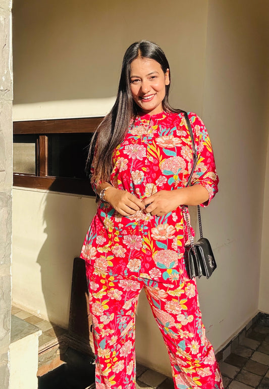 Floral Red Pure Cotton Co-ord Set