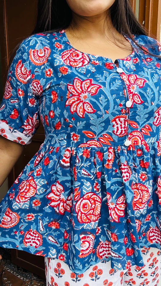 Navy Blue Floral Hand Block Print Pure Cotton Co-ord Set