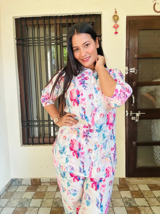 White Floral Silk Co-ord Set