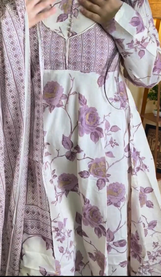 Purple & White Floral Pure Cotton Suit Set