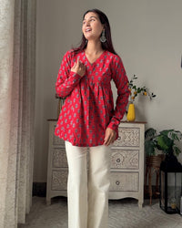 Red Full Sleeve V Neck Pure Cotton Top