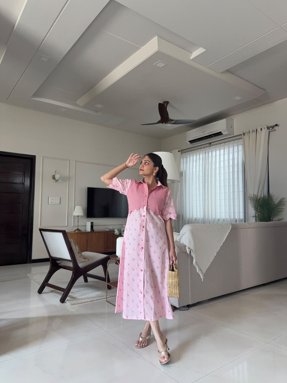 Pink Gingham Floral Dress