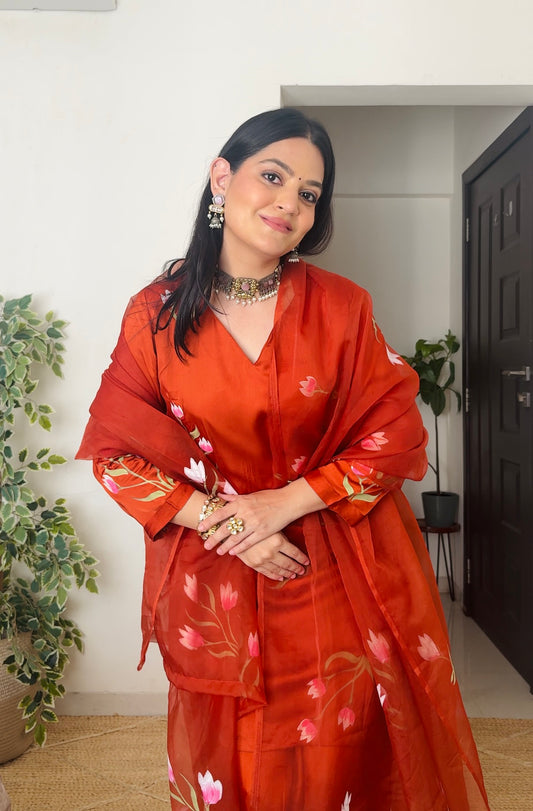 Aabroo – Hand-Painted Organza Satin Kurta Set