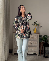 Black Floral Printed V Neck Full Sleeve Pure Cotton Top