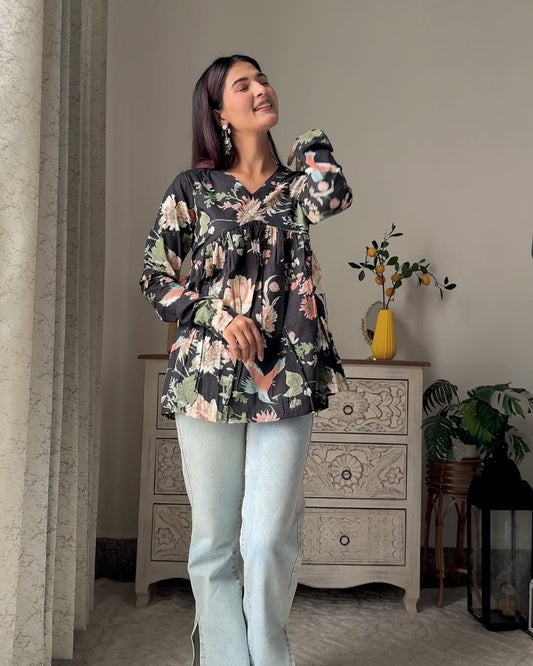 Black Floral Printed V Neck Full Sleeve Pure Cotton Top