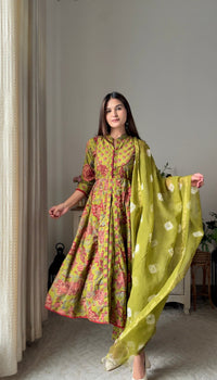 Suneera Olive Olive Green Cotton Anarkali Suit Set
