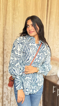Printed Blue & White Cotton Shirt