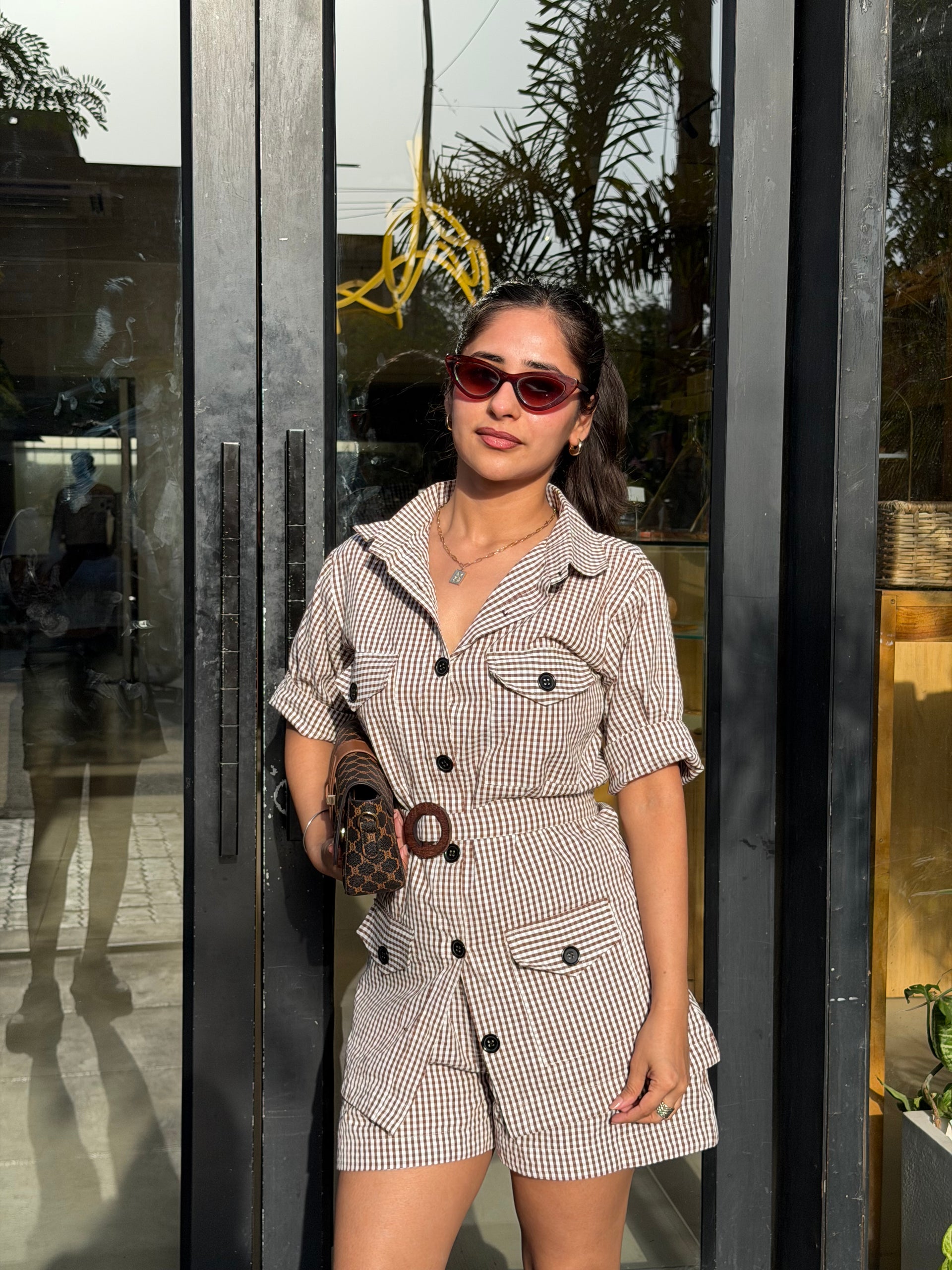 Mocha Muse Belted Check Playsuit