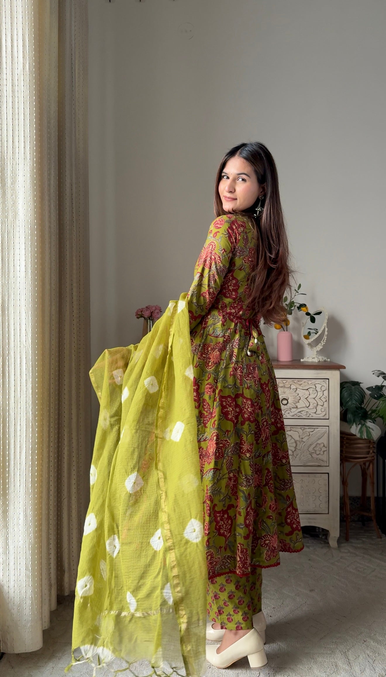 Suneera Olive Olive Green Cotton Anarkali Suit Set