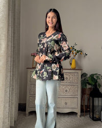 Black Floral Printed V Neck Full Sleeve Pure Cotton Top