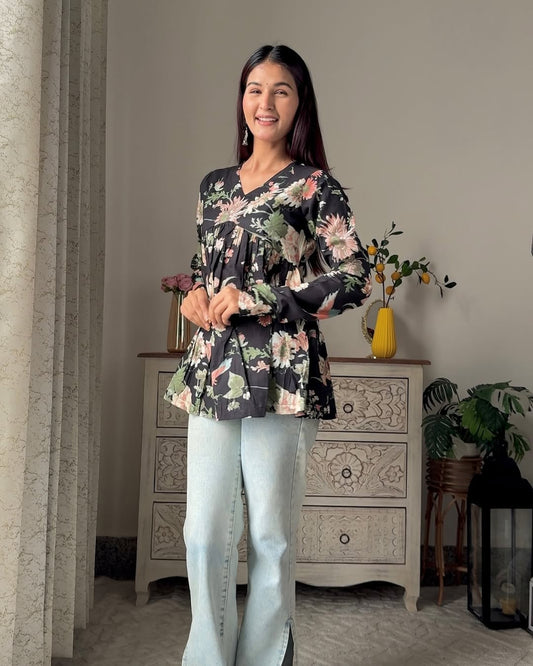 Black Floral Printed V Neck Full Sleeve Pure Cotton Top