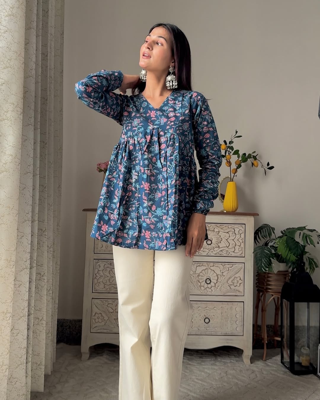 Blue Small Booti V Neck Peplum Top Pure Cotton