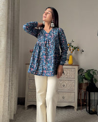 Blue Small Booti V Neck Peplum Top Pure Cotton
