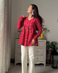 Red Full Sleeve V Neck Pure Cotton Top